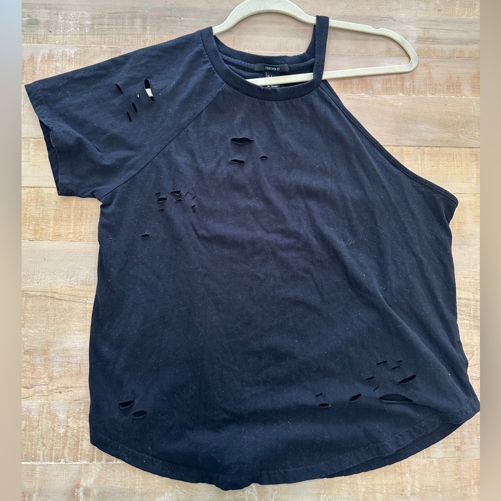Forever 21 one shoulder distressed short sleeve off the shoulder shirt tee top